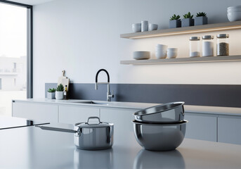 Modern kitchen with stainless steel cookware on a clean white countertop. Minimalist interior design with organized shelves and bright lighting