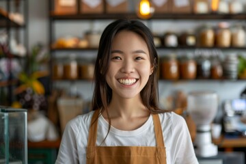 Young woman smiling in a cafe with a warm atmosphere