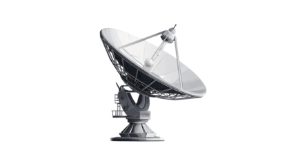 High detail communication satellite dish antenna for broadcasting, signal transmission, space technology and global telecommunications equipment isolated object on white background