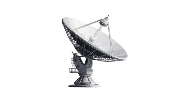 High detail communication satellite dish antenna for broadcasting, signal transmission, space technology and global telecommunications equipment isolated object on white background