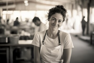 Fototapeta premium Young woman smiling in a busy workspace