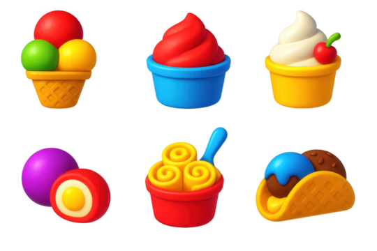 Set of six cartoonish ice cream and dessert items, including a waffle cone, a cupcake, and a scoop of ice cream - Powered by Adobe