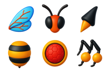 Variety of insect-like creatures, including a bee, a wasp, a hornet, a spider, and a caterpillar. Each insect has a unique appearance, with some having wings, antennae, or legs