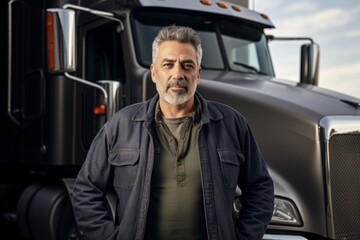 Mature man standing confidently in front of a truck