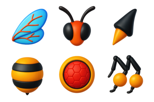 Variety of insect-like creatures, including a bee, a wasp, a hornet, a spider, and a caterpillar. Each insect has a unique appearance, with some having wings, antennae, or legs