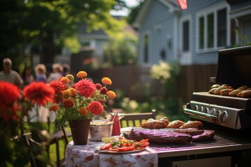 Family gathering enjoying barbecue in the backyard with delicious food