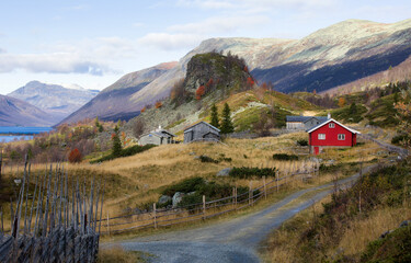Typical, Old Agricultural Buildings at Beautiful Stro, near Helin Lake, in Vestre Slidre Municipality, Norway, with the Small Rock Strosklanten