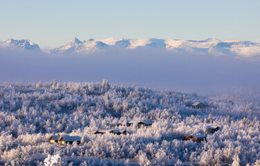 View towards Jotunheimen from Storhovd, near Vaset in Vestre Slidre Municipality, on a Cold Day