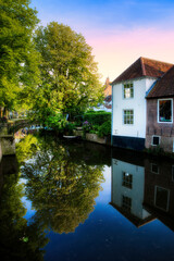 Evening Shot of the Canal that Surrounds and Splits the Historic City Center of Beautiful Amersfoort, Netherlands