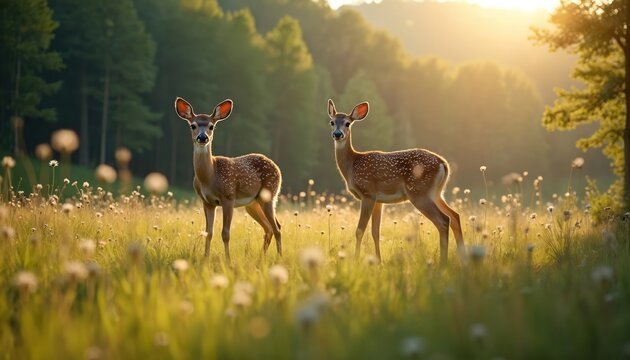 Two cute deer stand in meadow at sunrise. Young fawn graze in sunlight. Wild animals feed in forest field in morning. Nature with mammals outdoor at grass.