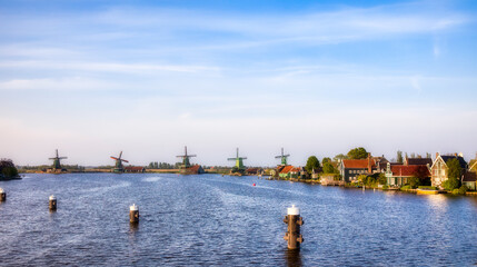 Houses and Windmills at Beautifull Zaanse Schans on the River Zaan Riverside, Netherlands