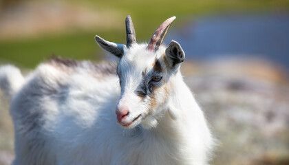 Portrait of a Goat Kid on Summer Grazing on Herfol Island in Hvaler, Norway