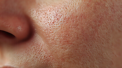 Close up of a mans face showing large skin pores and hair follicles. Skin problem concept for dermatology and cosmetology.