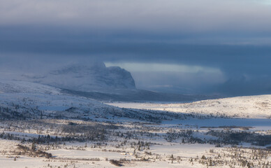 View of The Syndin Lakes at Late Autumn, with a Magical Mix of Clouds and Sunny Weather