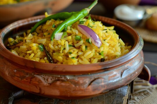 Delicious yellow rice dish served in a clay pot - Powered by Adobe