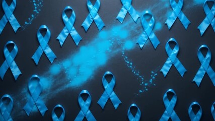 The blue awareness ribbon on a dark background symbolizes support and hope for various causes. 4k video