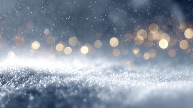 Real snowdrift with sparkling snow crystals and festive light bokeh
