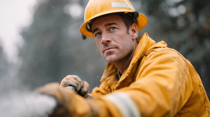 Brave firefighter in yellow uniform with forest background - emergency response and safety theme