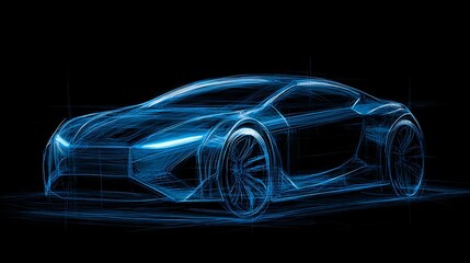 Futuristic automotive design rendering with luminous blue lines on black background