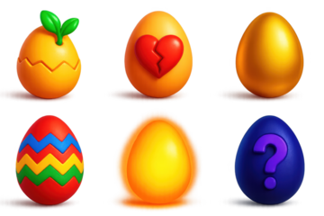 Set of six different colored eggs, each with a different design on it. The eggs are all different sizes and colors, and they are all placed on a white background