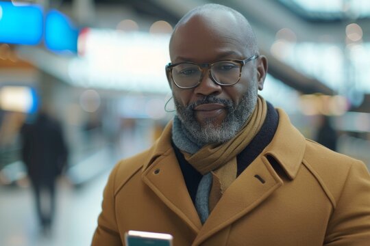 Mature man using smartphone in a busy urban environment