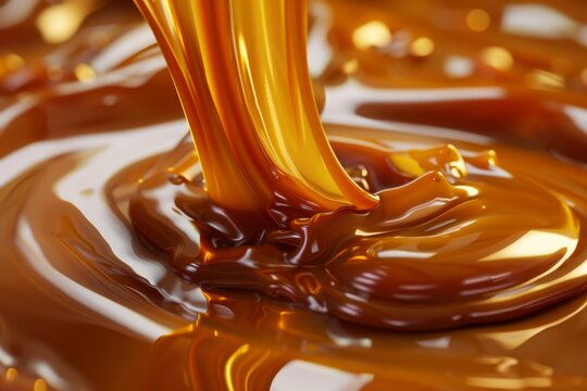 Golden syrup pouring into a glossy puddle