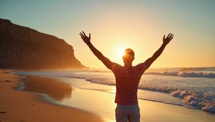 Fototapeta premium Man stands on wide ocean beach with arms raised, celebrating life, freedom. Greets bright sunrise, sunset, feeling happiness, carefree relaxation. Golden light fills sky, reflects on water surface.