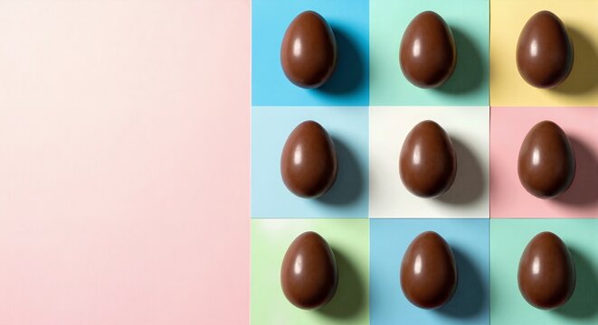 Chocolate easter eggs on a colorful pastel background. Modern flat lay with top view for spring holiday celebration. Minimalist candy pattern with copy space