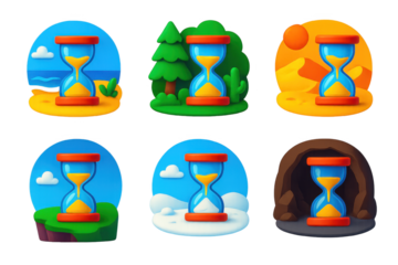 Set of six different timepieces, each with a different background and color scheme. The timepieces are all blue and red, and they all have a similar design. The backgrounds include a beach, a forest
