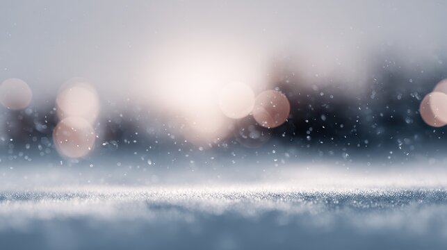 Snowy landscape with soft light, snowflakes, and blurred bokeh circles