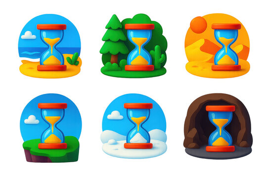 Set of six different timepieces, each with a different background and color scheme. The timepieces are all blue and red, and they all have a similar design. The backgrounds include a beach, a forest