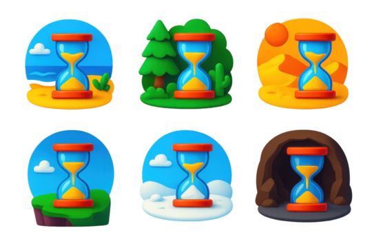 Set of six different timepieces, each with a different background and color scheme. The timepieces are all blue and red, and they all have a similar design. The backgrounds include a beach, a forest