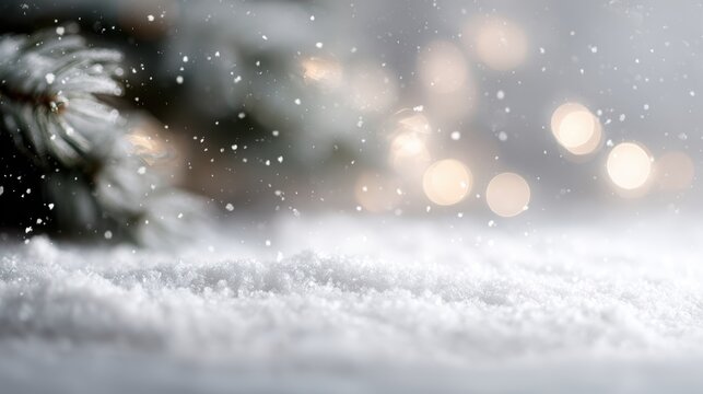 Snowflakes on snow with bokeh Christmas lights and fir branches