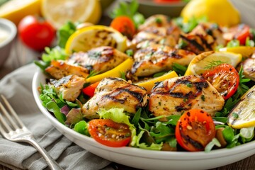 Grilled salmon salad with fresh vegetables and lemon