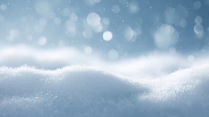 Winter snow background with snowdrifts, snowflakes, and bokeh on blue sky