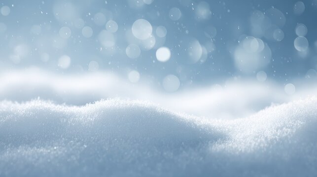 Winter snow background with snowdrifts, snowflakes, and bokeh on blue sky