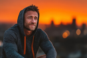 Relaxed male runner in sportswear resting after run on city skyline background. Copy space, fitness lifestyle, motivation, wellness storytelling, reflection, sports, determination, personal growth.