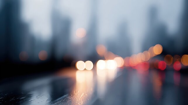 Urban cityscape with modern skyscrapers and wet roads, blurred background