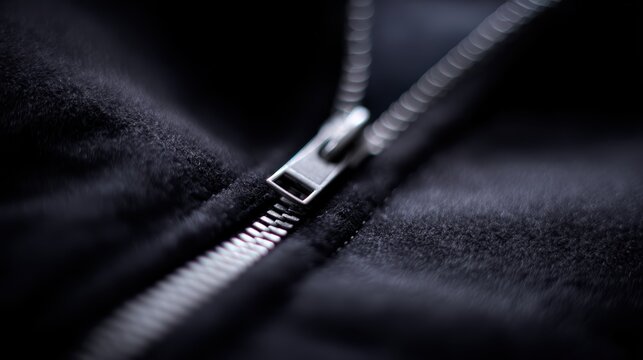 Close-up of black jacket zipper, winter outerwear detail