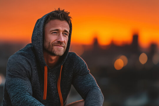 Relaxed male runner in sportswear resting after run on city skyline background. Copy space, fitness lifestyle, motivation, wellness storytelling, reflection, sports, determination, personal growth.