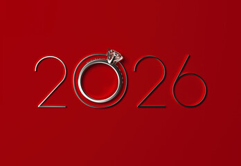 Elegant 2026 New Year wedding background with luxury diamond engagement ring. 3D render illustration.