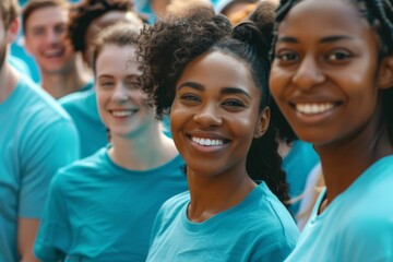 Young adults smiling together in a group wearing matching shirts