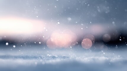 Snowy landscape with soft light, snowflakes, and blurred bokeh circles