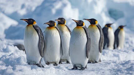 Fototapeta premium A group of emperor penguins makes its way across a snowy landscape in Antarctica showcasing their elegant posture.