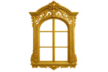 Gold ornate arched window frame with baroque and rococo decorative motifs, vintage historical architecture element on transparent background