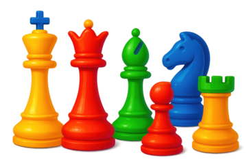 Colorful set of chess pieces, including a red and yellow king, a green and red knight, and a blue and green horse