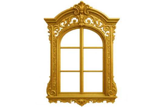 Gold ornate arched window frame with baroque and rococo decorative motifs, vintage historical architecture element on transparent background