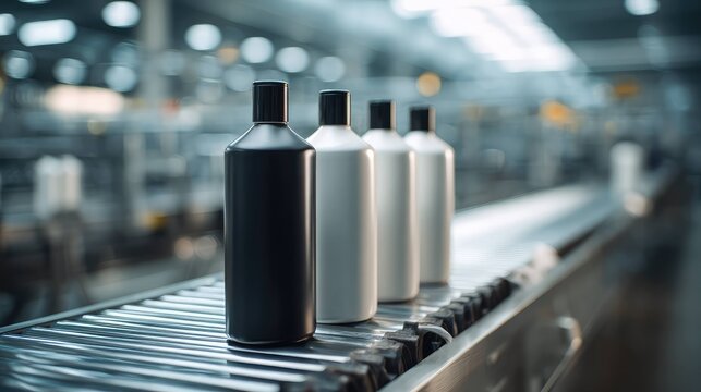 Monochrome shampoo bottles on automated conveyor line in modern factory - Powered by Adobe