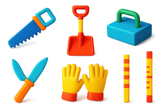 Set of tools and a pair of gloves. The tools include a hammer, a saw, and a shovel. The gloves are yellow and orange. Concept of manual labor and outdoor work