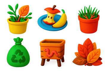 Set of six images of various plants and objects, including a banana, an apple, a leaf, a plastic bag, a banana peel, and a potted plant. The images convey the idea of recycling